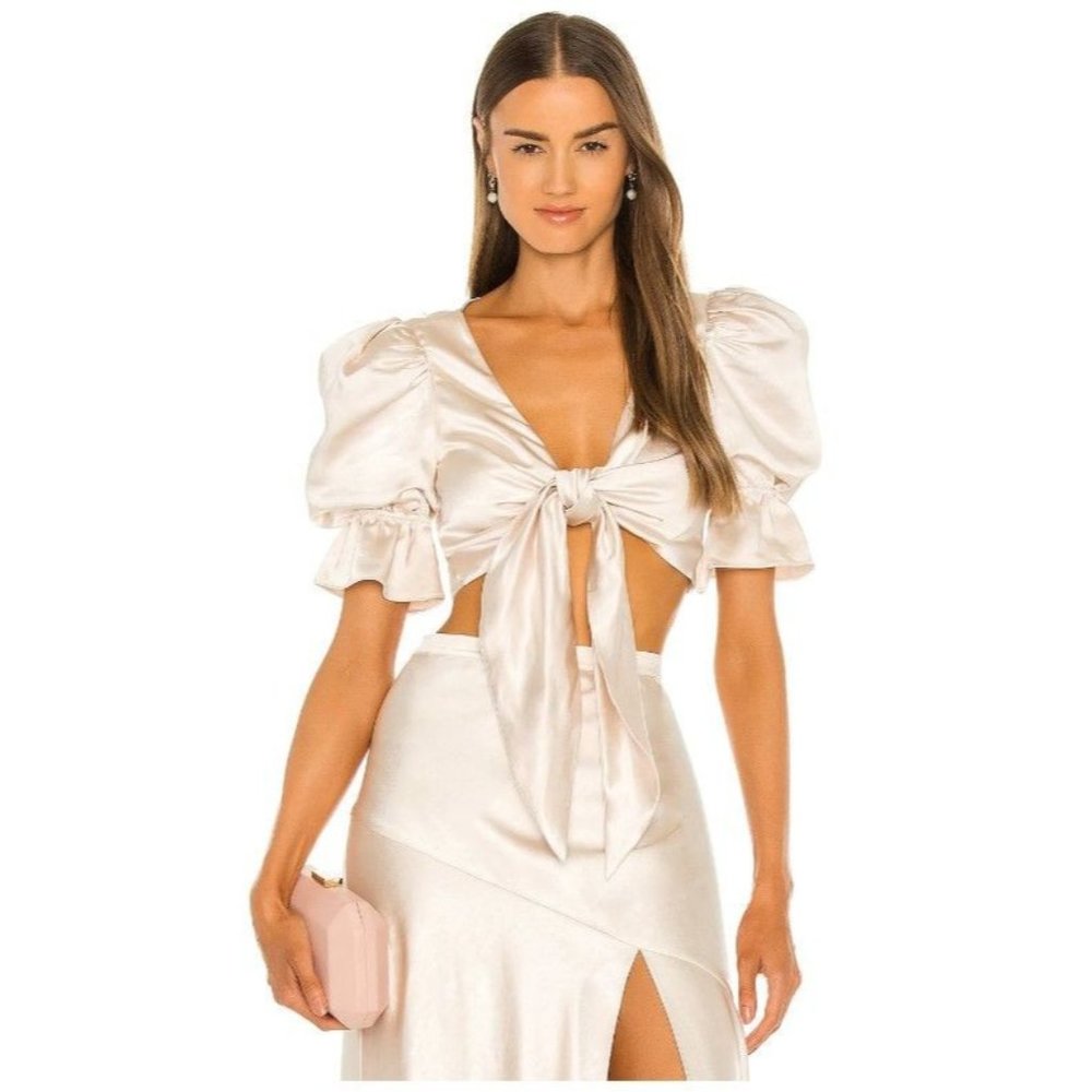 NWT LPA Candy Top in Cream XXS Satin Puff Sleeve